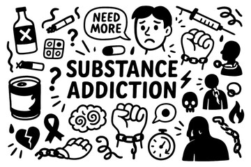 Substance addiction doodle with craving, withdrawal, pills, alcohol, syringe and mental health crisis symbols, Transparent Background