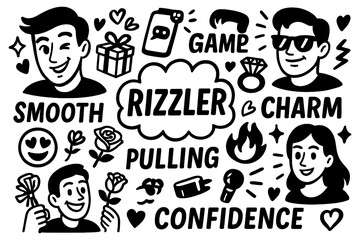 Smooth rizzler doodle with charming characters, confident expressions, hearts, lips and charisma symbols, Transparent Background