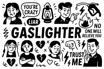 Gaslighter doodle with manipulation phrases, distressed faces, guilt, lies and psychological abuse symbols, Transparent Background