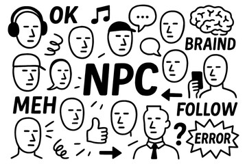 NPC meme doodle with blank faces, speech bubbles, error symbols and internet culture icons, Transparent Background