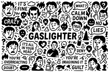 Gaslighter doodle with manipulation phrases, distressed faces, guilt, lies and psychological abuse symbols, Transparent Background