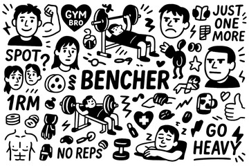 Bench press workout doodle with bodybuilder, dumbbells, kettlebells, gym training and strength icons, Transparent Background