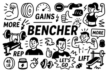 Bench press workout doodle with bodybuilder, dumbbells, kettlebells, gym training and strength icons, Transparent Background