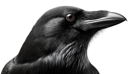Raven's Gaze: A close-up, striking portrait captures the intensity of a raven's gaze, showcasing its intelligent eyes and sleek, black plumage.