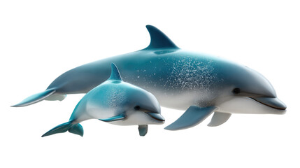 Fototapeta premium Dolphin Duo: A mother dolphin and her calf glide gracefully, their sleek forms illuminated in soft light, representing the beauty of ocean life and maternal love.