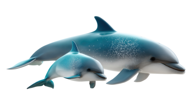 Dolphin Duo: A mother dolphin and her calf glide gracefully, their sleek forms illuminated in soft light, representing the beauty of ocean life and maternal love.