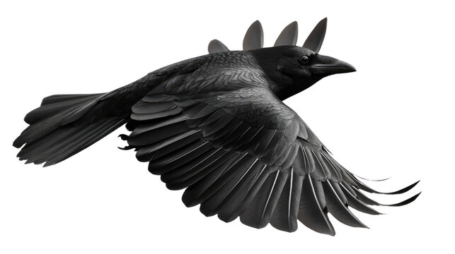 Raven in Flight: A striking monochrome image of a raven soaring against a background, capturing the elegance and power of the bird in mid-flight.