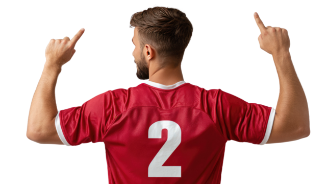 Focused Victory: A determined athlete in a sports jersey with the number 2, raises his fingers skyward, a gesture of triumph and focus. His back is to the viewer.
