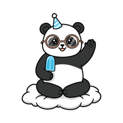 Cute panda cartoon character with party hat and glasses holding a popsicle vector illustration for birthday or celebration designs