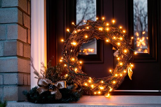 Twinkling fairy lights enhance a festive Christmas wreath on a cozy home entrance at night