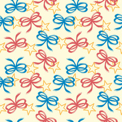 Colorful coquette aesthetic pattern seamless.Cute ribbon bow and stars background.Design for wedding celebration, holiday, festival,party decoration, gift, present concept.Hand drawn illustration