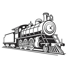 Detailed black and white drawing of a vintage steam locomotive with multiple wheels on railway tracks
