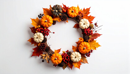 Rustic Autumn Wreath with Dry Leaves, Berries, and Pumpkins - Isolated