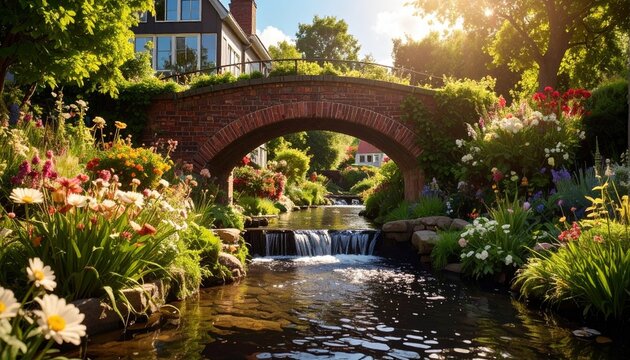 A picturesque brick arch bridge spans a babbling brook, framed by vibrant gardens bursting with colorful flowers and lush greenery under a sunny sky.