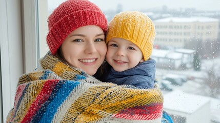 Single mom comforting a child during a rainy evening, both wrapped in a warm blanket by the window, with raindrops softly falling outside.