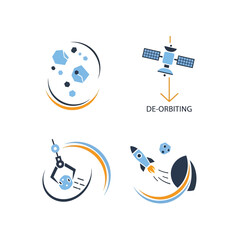 Space Debris Removal and Satellite De-orbiting Technology Icons Set.