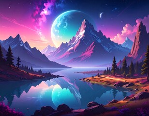 Serene landscape with vibrant, colorful mountains reflected in a still lake under a large, otherworldly moon