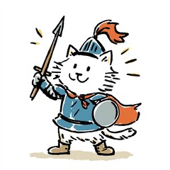 A cheerful, cartoon Persian cat dressed as a medieval knight stands ready for battle.