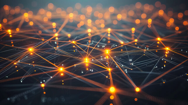 Abstract digital network connections glowing with orange lights and intricate geometric lines representing data flow and technology