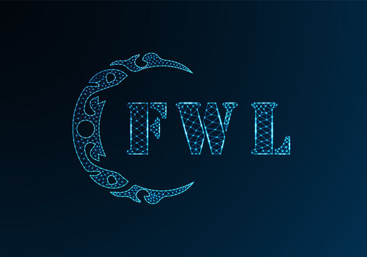 Low poly letter logo FWL design. FWL letter logo low poly vector design on blue color gradient background. FWL logo low poly design