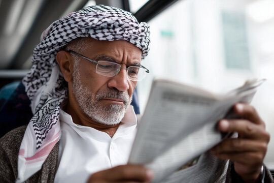 Man in MENA society seated on train reading newspaper, candid urban commute, 