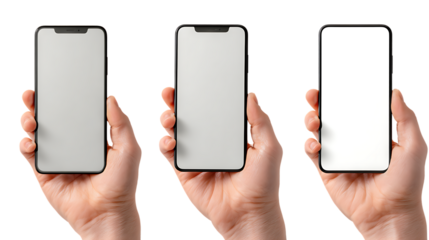 Three hands holding smartphones with blank screens isolated on transparent background