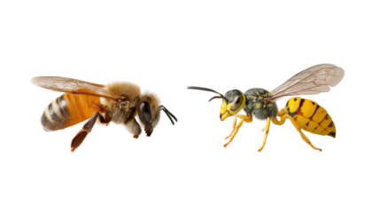 Bee and Wasp Portrait: A detailed side-by-side image presents a close-up comparison of a bee and a wasp, revealing their unique attributes against an isolated backdrop.