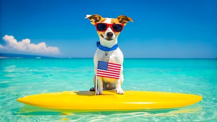 Cute dog on yellow surfboard with usa flag wearing sunglasses at tropical beach
