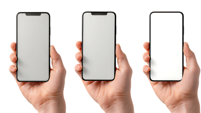 Three hands holding smartphones with blank screens isolated on transparent background