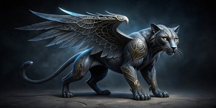 A Majestic Dark Panther Adorned with Ornate Metallic Wings and Armor, a Fantasy Creature of Power and Grace