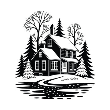 Winter Snow-Covered House in Black and White
