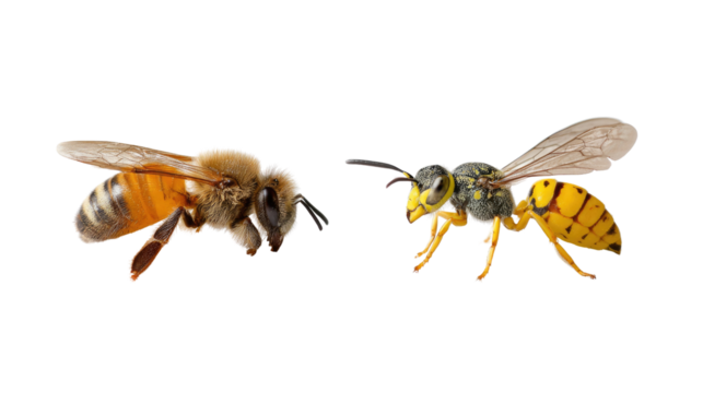 Bee and Wasp Portrait: A detailed side-by-side image presents a close-up comparison of a bee and a wasp, revealing their unique attributes against an isolated backdrop.