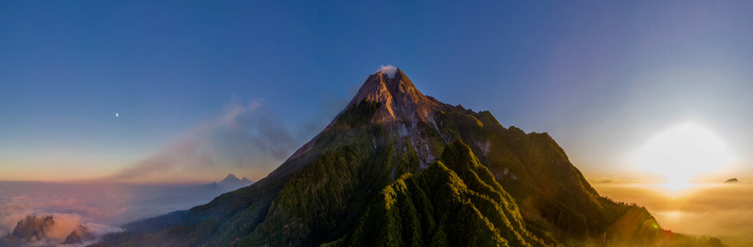 Panoramic landscape of Merapi volcano mountain in Java island, Indonesia