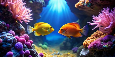 Obraz premium Vibrant Reef Inhabitants Two Tropical Fish Gracefully Swim Amidst a Lush Coral Garden, Displaying a Stunning Underwater Ballet of Color and Life