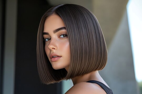 A sleek lob cut with straightened hair and sharp, defined ends, styled for a trendy and bold look