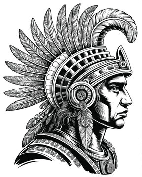 Ornate Aztec Headdress in Dramatic Woodcut Illustration