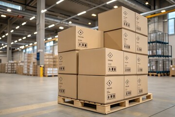 Efficient shipping solutions are here with stacked cardboard boxes on a pallet in a bright warehouse ready for distribution and global commerce