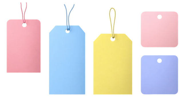 Assorted blank colorful tags hanging on strings isolated on transparent background