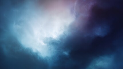 Dramatic abstract of luminous blue and white swirling clouds or nebulae, with dark atmospheric depths and subtle purple hints, evoking cosmic or storm energy, blurred blue background