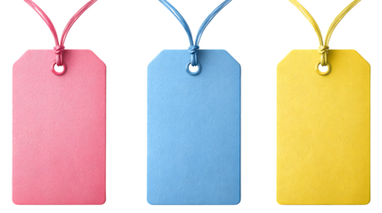 Three blank price tags in pink, blue, and yellow isolated on transparent background