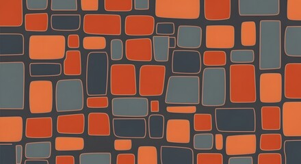 Geometric mosaic pattern of irregular squares and rectangles in burnt orange, slate grey, and charcoal, perfect for wallpapers and textiles.
