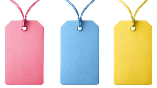 Three blank price tags in pink, blue, and yellow isolated on transparent background