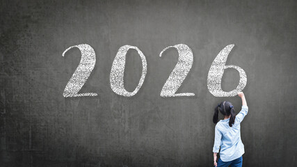 2026 Happy new year school class academic calendar with student kid's hand drawing greeting on teacher's green chalkboard for educational celebration, back to school education classroom schedule