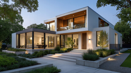 Fototapeta premium Modern architectural design showcases contemporary home with large windows, sleek lines, and harmonious blend of nature and structure