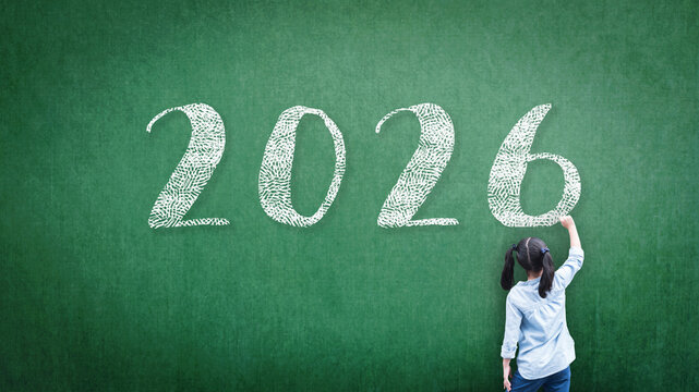 2026 Happy new year school class academic calendar with student kid's hand drawing greeting on teacher's green chalkboard for educational celebration, back to school education classroom schedule