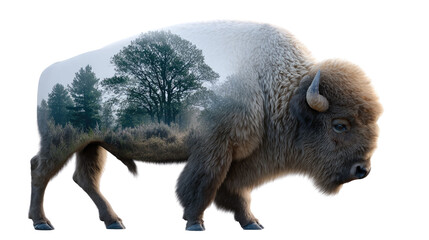 Obraz premium Bison and the Natural Environment: A digitally enhanced image that shows a majestic bison with a layered forest scene reflecting the harmony and interplay between nature and animal life. 