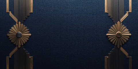 Obraz premium Elegant Art Deco Gold Geometric Sunburst Design on Textured Navy Blue Background with Symmetrical Ornaments
