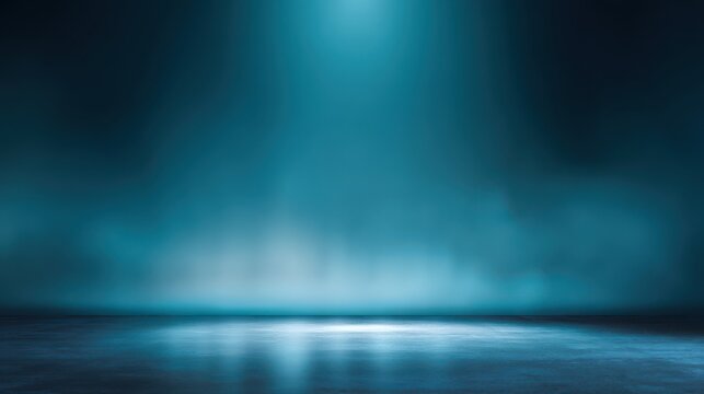 Dramatic blue-teal background with fog and spotlight reflections on a wet, dark floor. Creates a mysterious, atmospheric stage effect, blurred blue background