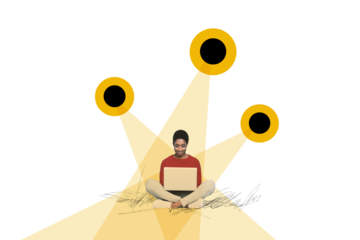 Creative collage picture young woman freelancer remote job laptop internet user cyber safety security privacy espionage fraud hacking