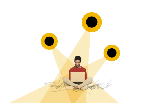 Creative collage picture young woman freelancer remote job laptop internet user cyber safety security privacy espionage fraud hacking